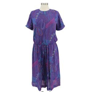 Vintage 80s Purple Paisley Print Chiffon Short Sleeve Elastic Waist Dress Size M